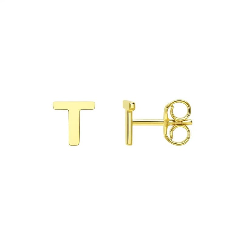Initial “T” Earrings, 14K Yellow Gold